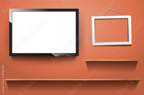 tv on wall, with wood shelf, white photo frame, vector