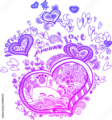 Love sketchy doodles with pink hearts and cats.