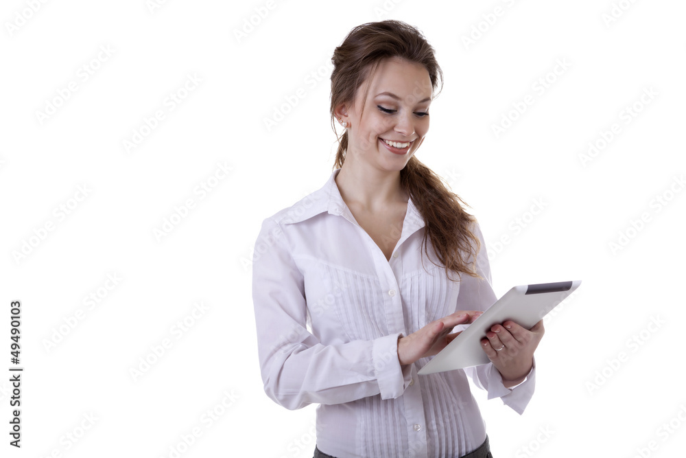 Secretary holding a digital tablet in her hands smiling isolated Secretary holding a digital tablet in her hands smiling isolated