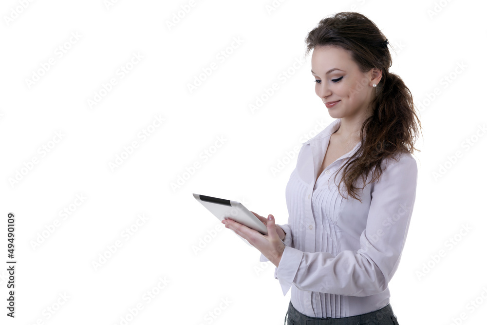 Smiling girl isolated over white with a digital tablet in her ha Smiling girl isolated over white with a digital tablet in her ha