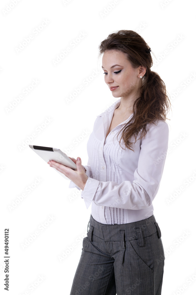 Businesswoman with a digital tablet in her hands isolated on whi Businesswoman with a digital tablet in her hands isolated on whi