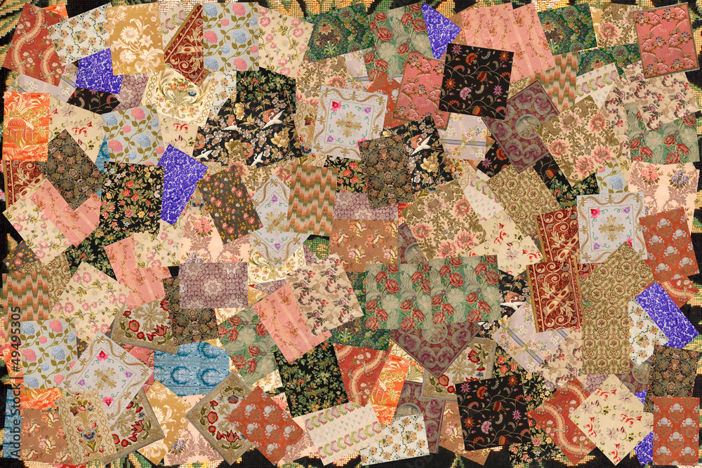 patchwork with ancient fabrics - obrazy, fototapety, plakaty 