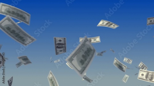 Flying US Dollar notes on sky background.