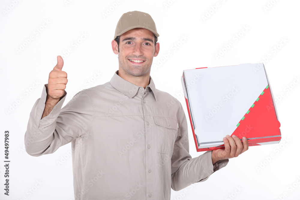 a delivery man holding a packet and doing thumbs up a delivery man holding a packet and doing thumbs up