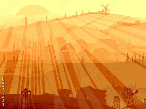 Abstract illustration of village in sunset rays.