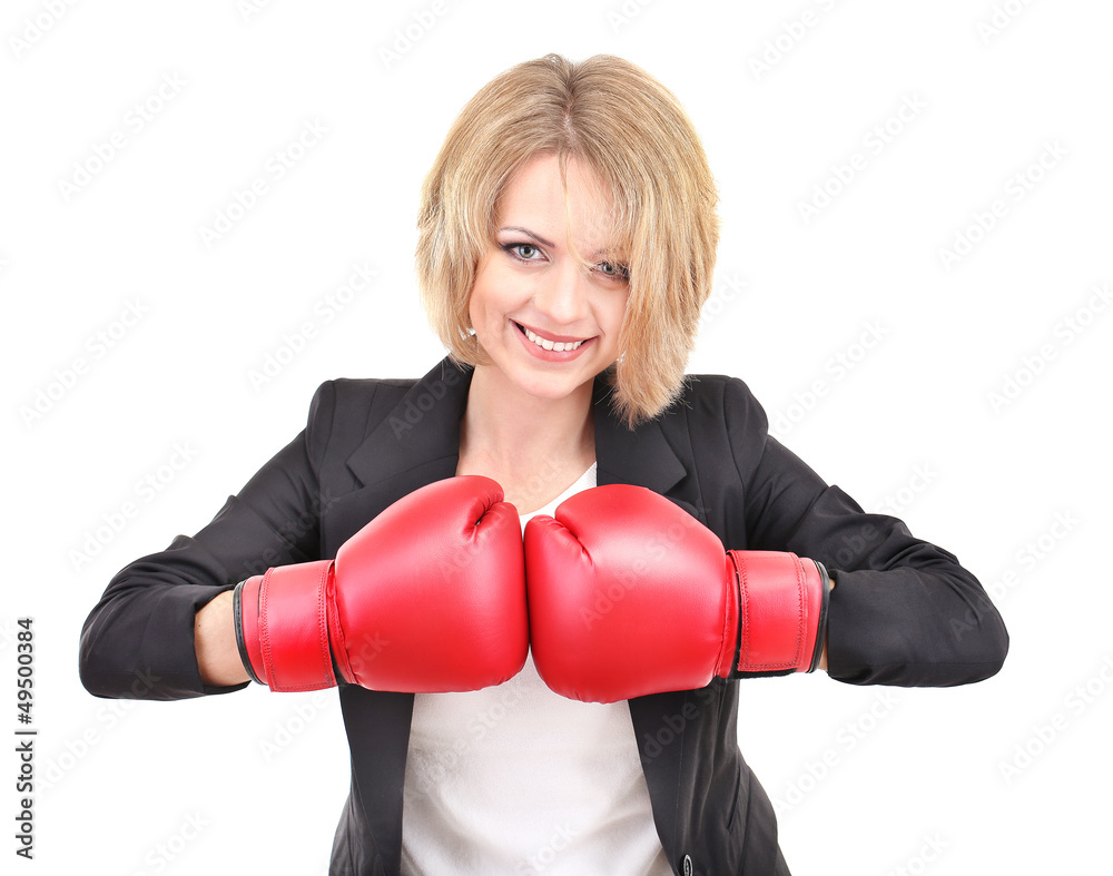 Young beautiful business woman with boxing gloves isolated Young beautiful business woman with boxing gloves isolated