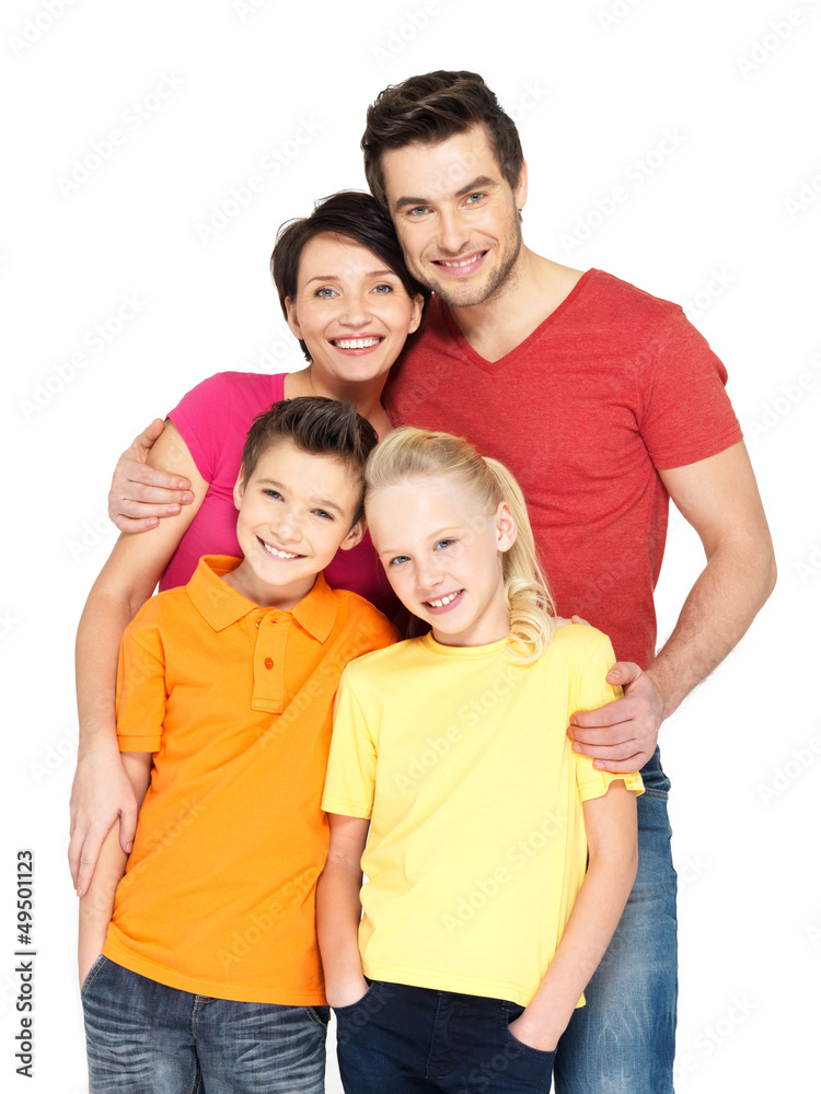 Happy family with two children on white Happy family with two children on white