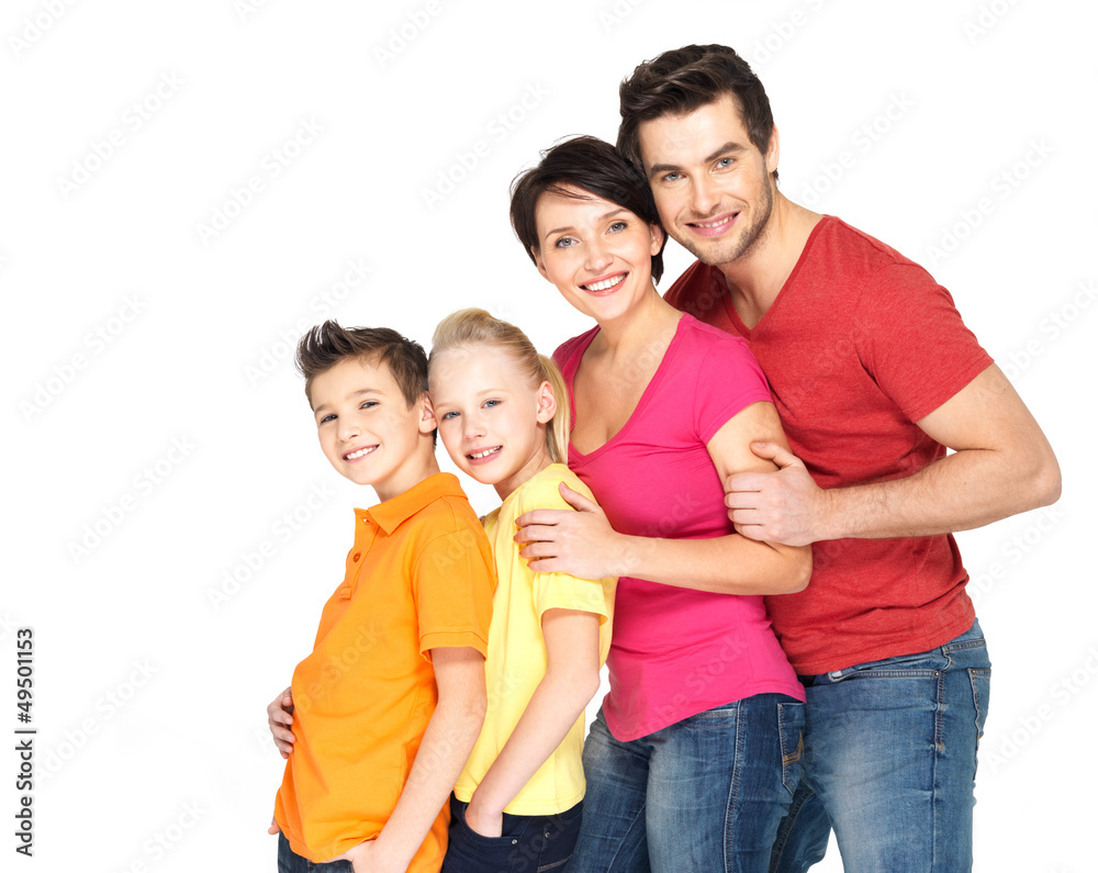 Happy family with children standing together in line