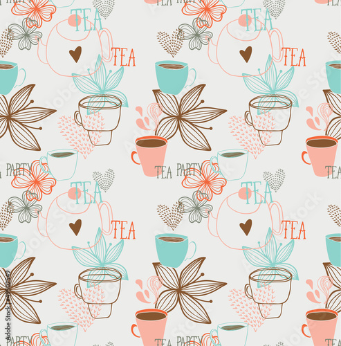 Tea party seamless pattern with flowers and heart