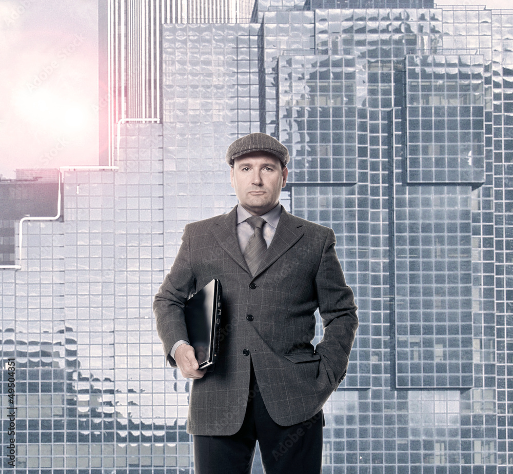 Fototapeta premium successful businessman with sun and modern architecture