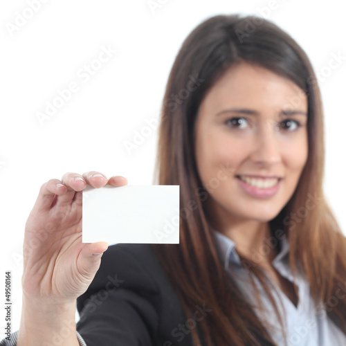 Beautiful woman showing a blank card