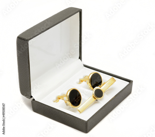 male fashion accessories: black box with cufflinks and tie pin