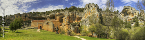 Templar church panoramic in river wolves canyon in Soria, Spain.