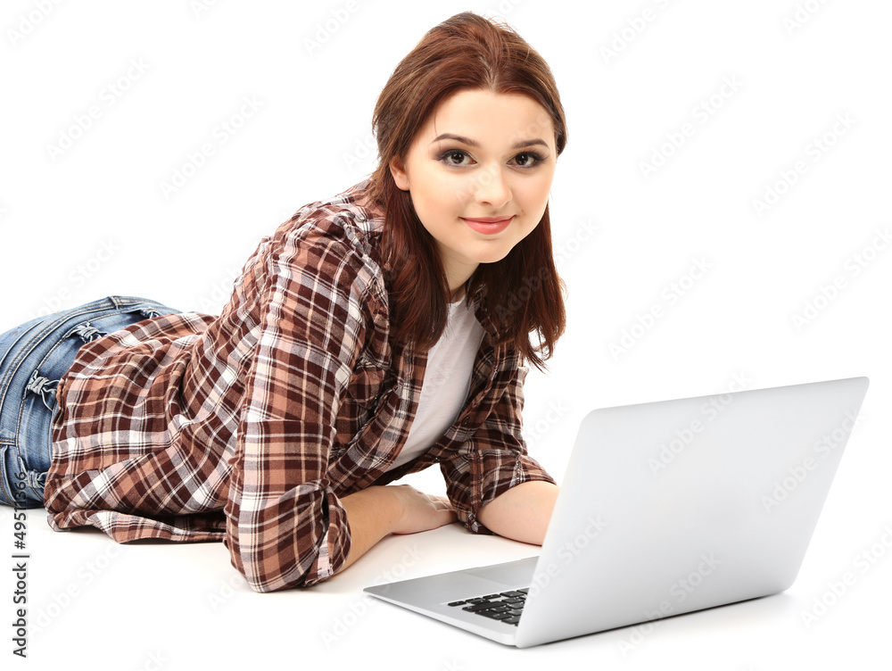 Beautiful young woman with laptop isolated on white Beautiful young woman with laptop isolated on white