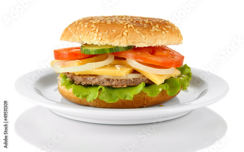 Tasty cheeseburger on plate, isolated on white