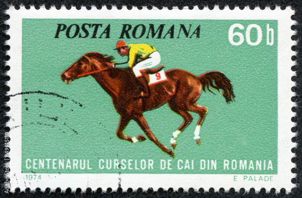 stamp printed by Romania, shows horse races