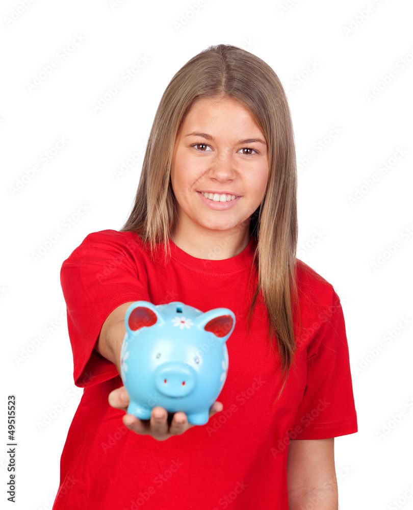 Teenager girl with a moneybox Teenager girl with a moneybox
