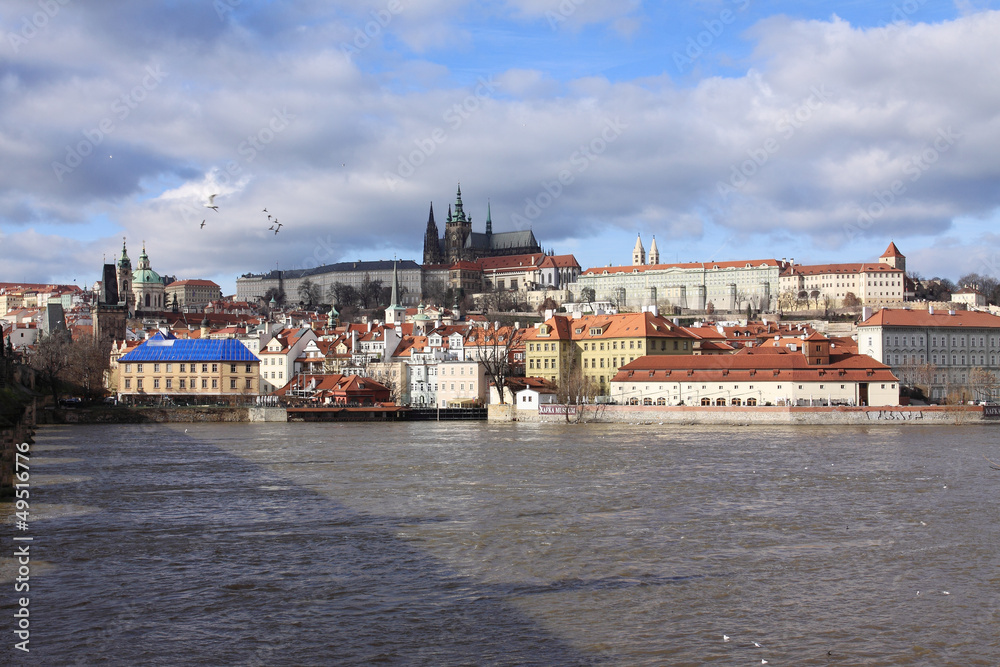 Winter Prague gothic Castle above River Vltava, Czech Republic