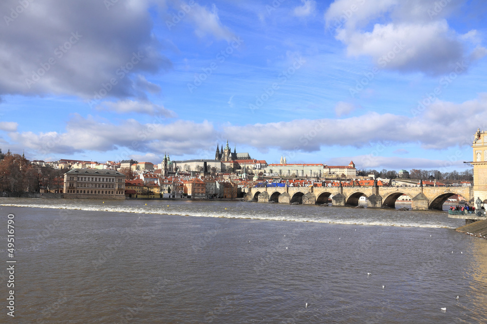 Winter Prague gothic Castle with the Charles Bridge