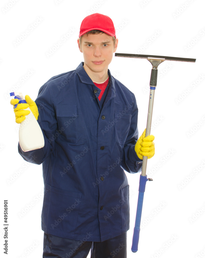 Young male window cleaner with tools. Isolated on white Young male window cleaner with tools. Isolated on white