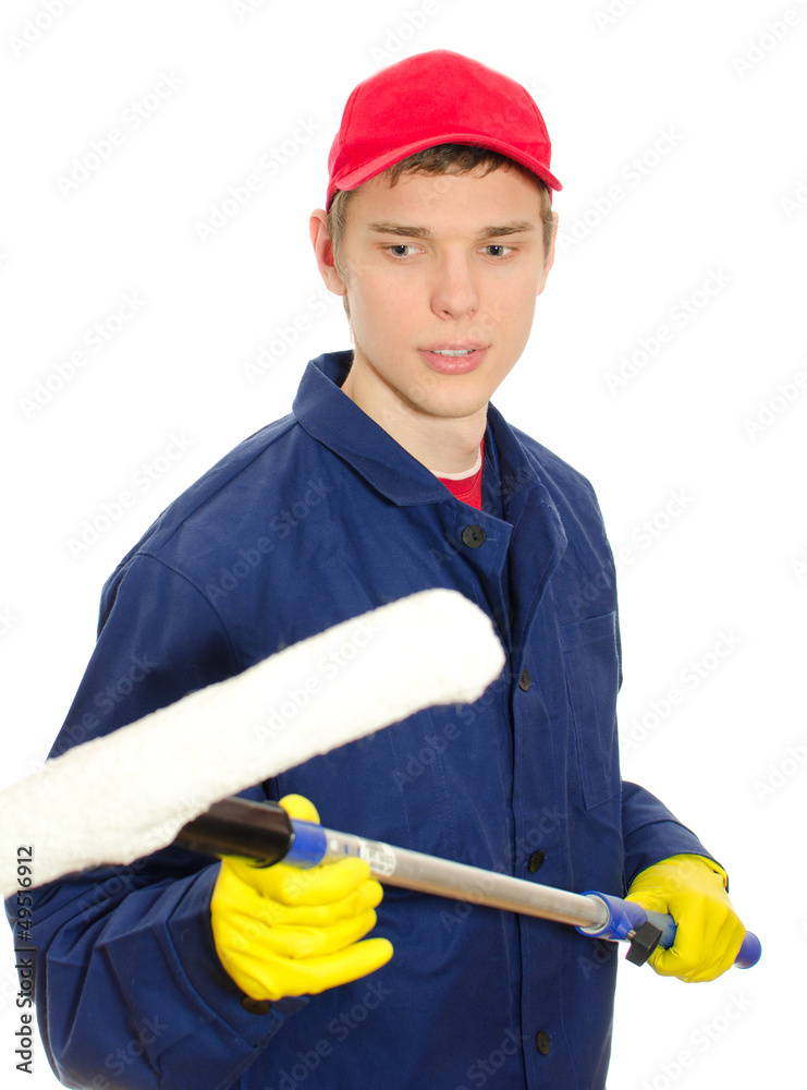 Young male window cleaner with wiper. Isolated on white Young male window cleaner with wiper. Isolated on white