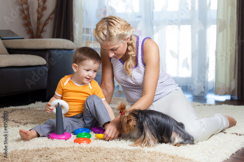 mother, child boy and pet d...