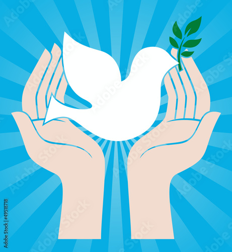 peace sign of human hands holding dove