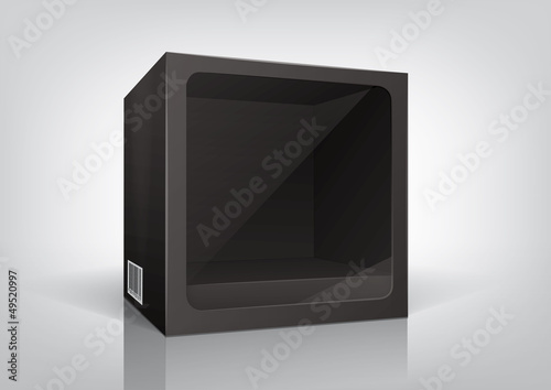 Cube-shaped black package with a transparent plastic window