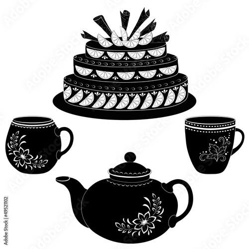 Cake, teapot and cups, contours