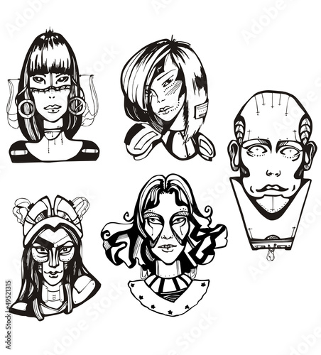 Heads of female cyborgs