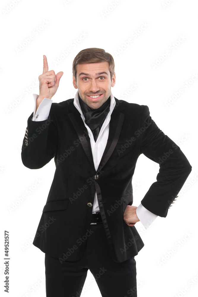 Portrait of smiling business man holding up his forefinger. Isol Portrait of smiling business man holding up his forefinger. Isol