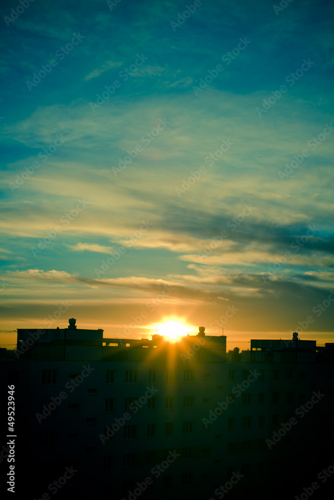 sunset at the housing estate - colorized photo