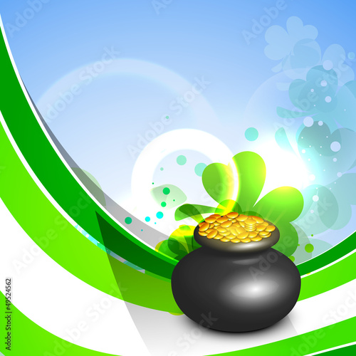 Green wave background with golden coins pot  for Happy St. Patri