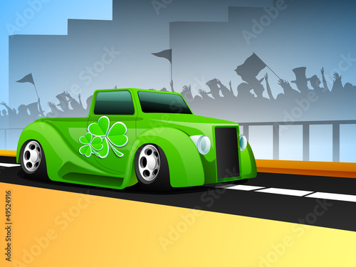 St. Patrick's Day car ready for parade with silhouette of celebr