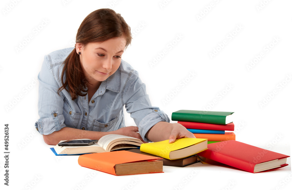 Young girl with books. Isolated on white background Young girl with books. Isolated on white background