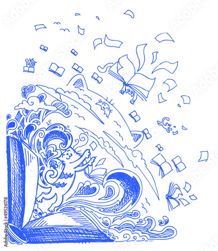 Blue sketchy doodles with books and cats
