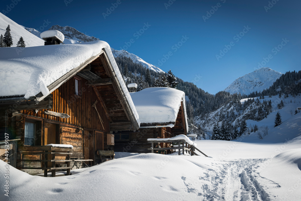 wooden houses on austrian mountains at winter with a lot of snow