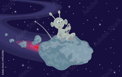 Funny alien flies on a small asteroid in space