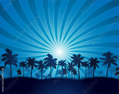 Tropical summer sunrays background with palm tree silhouette