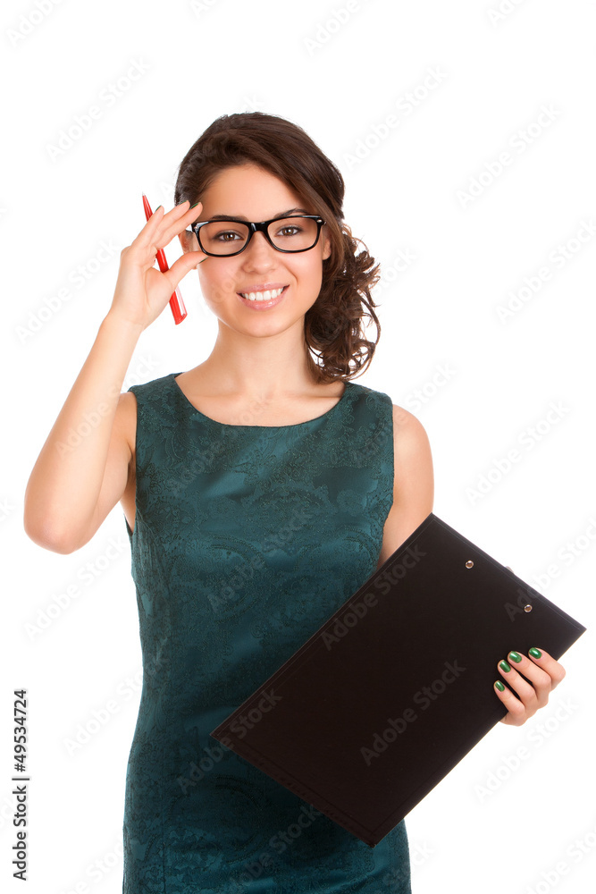 Young woman holding clipboard