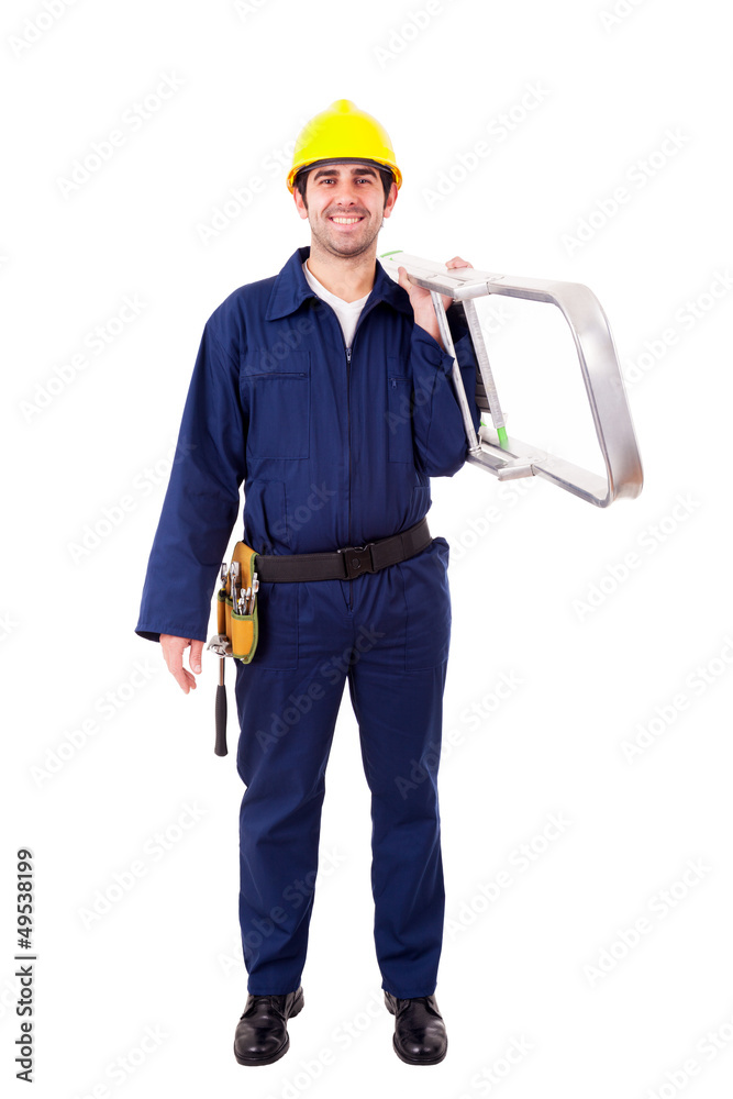 Full lenght of a young worker holding a ladder, isolated on whit Full lenght of a young worker holding a ladder, isolated on whit
