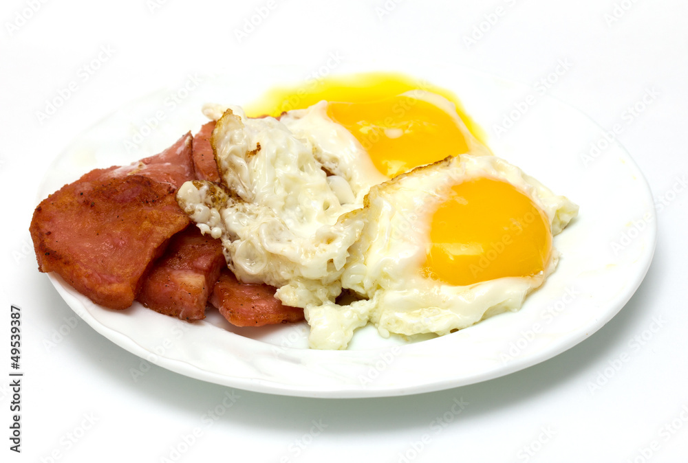 fried sausage with eggs on a white background fried sausage with eggs on a white background