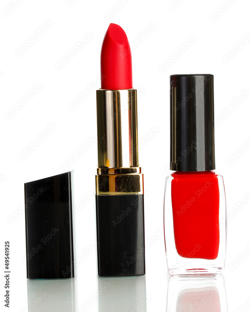 Beautiful red lipstick and nail polish isolated on white Beautiful red lipstick and nail polish isolated on white