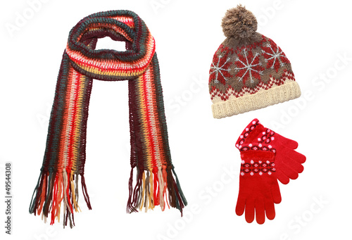 knitted cap, scarf and gloves  isolated on  white