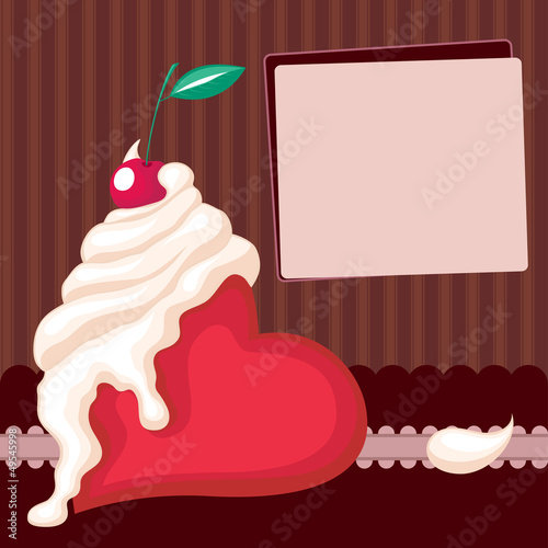 Heart with whipped cream and cherry on a brown background