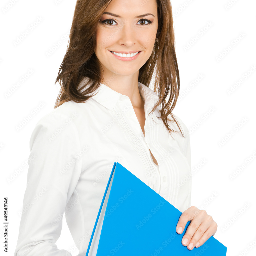 Smiling businesswoman with blue folder, isolated Smiling businesswoman with blue folder, isolated