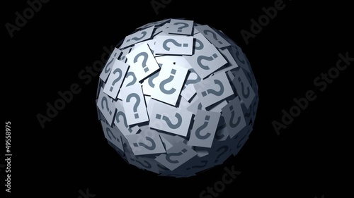 Huge ball made of papers with question mark.