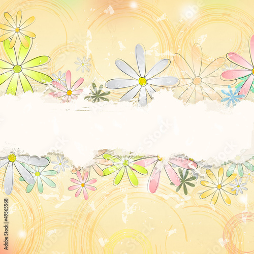 spring flowers over beige old paper background with circles