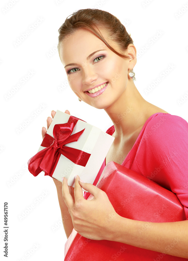 Woman holding gift box isolated on white background Woman holding gift box isolated on white background