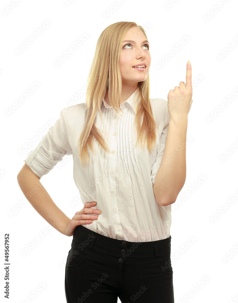 A young woman pointing at something A young woman pointing at something